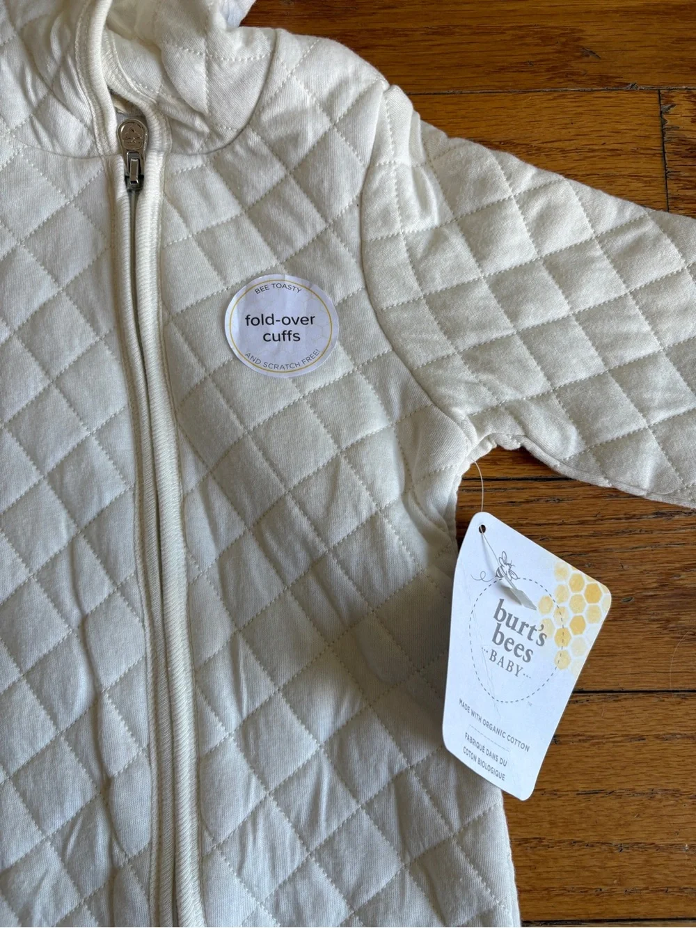 NWT 6-9 Months Burt's Bees Cream Quilted Hooded Baby Footed One-Piece